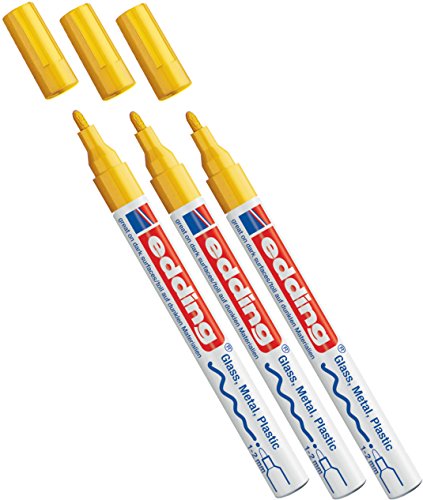 Edding Glanz-Lack-Marker - Rundspitze - Kreatives Gestalten von fast allen Oberflächen (z.B. Glas, Karton, dunkles Papier, Keramik, Stein) (1-2 mm, gelb, 3) von edding
