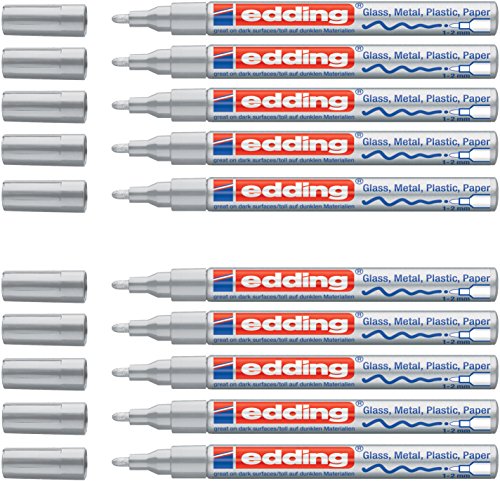 Edding Glanz-Lack-Marker - Rundspitze - Kreatives Gestalten von fast allen Oberflächen (z.B. Glas, Karton, dunkles Papier, Keramik, Stein) (1 - 2 mm, silber, 10) von edding