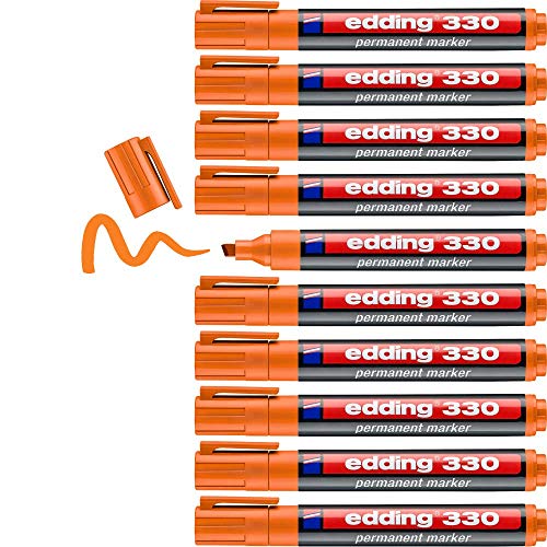 edding 330 Permanentmarker - orange - 10 Stifte - Keil-Spitze 1-5 mm - wasserfest, schnell-trocknend - wischfest - für Karton, Kunststoff, Glas, Holz, Metall, Glas von edding
