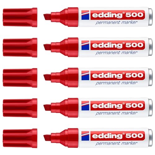 Edding Permanentmarker 500, Rot, breite Spitze, abgeschrägt, 2-7 mm, 5 Stück von edding