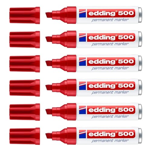 Edding Permanentmarker 500, Rot, breite Spitze, abgeschrägt, 2-7 mm, 6 Stück von edding
