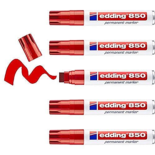 edding 850 Permanentmarker - rot - 5 Stifte - Keil-Spitze 5-15 mm - für breite Markierungen - wasserfest, schnell-trocknend, wischfest - für Karton, Kunststoff, Holz, Metall, Glas von edding