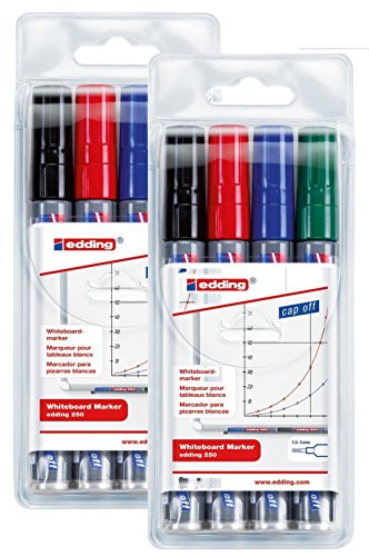 Edding Whiteboardmarker 250, nachfüllbar, 1.5-3 mm, sortiert (nur Marker, 4 Grundfarben, 2 Sets) von edding