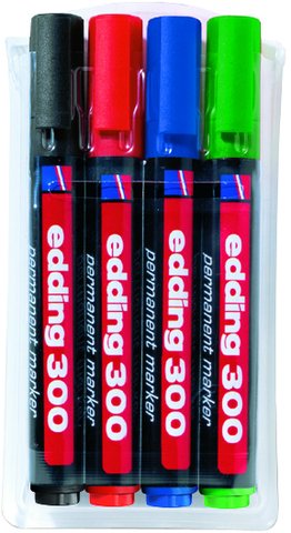 edding® Permanentmarker 300, nachfüllbar, Rundspitze, 1,5-3 mm, Schaftfarbe: schwarz, Schreibfarbe: 4er sortiert (4 Stück), Sie erhalten 1 Packung á 4 Stück von edding