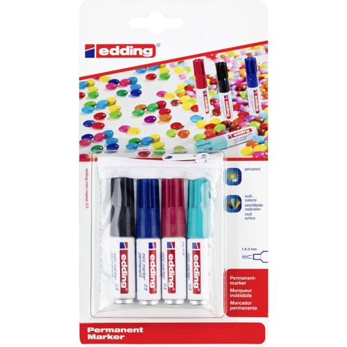 edding 0.5 mini permanent marker - schwarz, blau, türkis, rot - 4 Stifte - feine Rundspitze 1 mm - wasserfest, schnelltrocknend - wischfest - mini marker für Karton, Kunststoff, Holz, Metall von edding