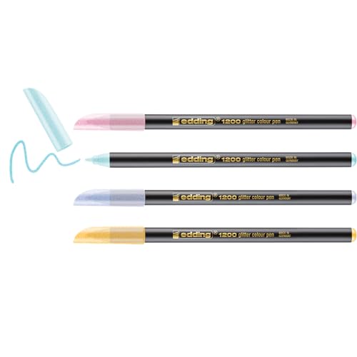edding 1200 Glitzerstifte - Pastellfarben - 4 Fasermaler mit intensivem Glitzereffekt - Rundspitze 3 mm - zum präsizen Schreiben, Skizzieren und Malen von edding