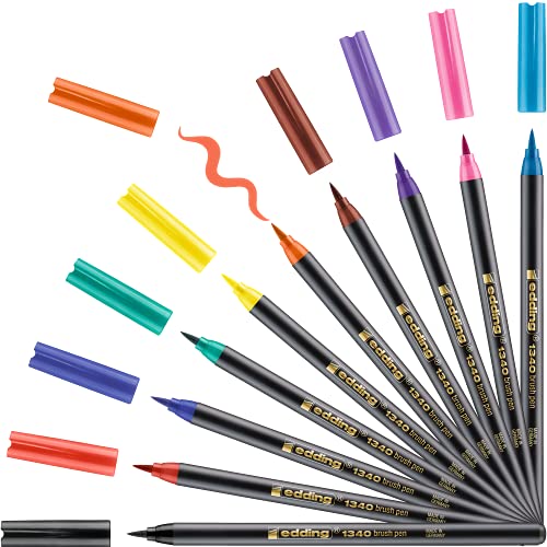 edding 1340 Pinselstift - 10er Set - bunte, leuchtende Farben - flexible Pinselspitze - Filzstift zum Malen, Schreiben und Zeichnen - Bullet Journals, Hand-Lettering, Mandalas, Kalligraphie von edding