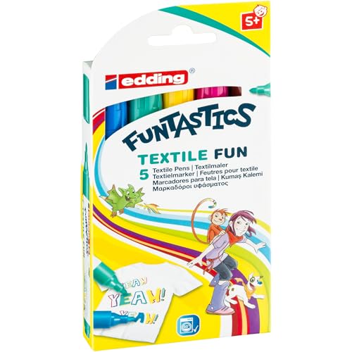 edding 17 FUNTASTICS TEXTILE FUN Kindertextilmaler - gelb, braun, blau, rot, grün - 5 Stifte - Rundspitze 2-3 mm - Textilstifte waschmaschinenfest (60° C) zum Stoff bemalen - edding für Kinder von edding
