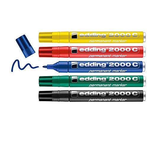 edding 2000 C Permanentmarker - rot, blau, gün, gelb, schwarz - 5er Set - Rund-Spitze 1,5-3 mm - schnell trocknend, wasserfest, wischfest - für Karton, Kunststoff, Holz, Metall - Universalmarker von edding