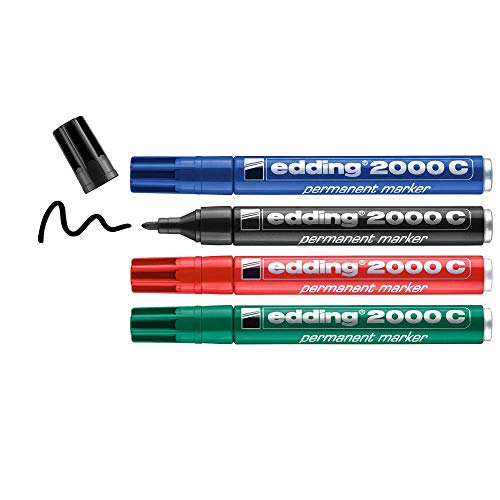 edding 2000 C Permanentmarker - schwarz, rot, blau, grün - 4 Stifte - Rund-Spitze 1,5-3 mm - schnell trocknend, wasserfest, wischfest - für Karton, Kunststoff, Holz, Metall - Universalmarker von edding