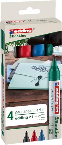 edding 21 Ecoline Permanentmarker Set - bunte Farben - 4 Stifte - Rundspitze 1,5-3mm - schnell trocknend - Permanent Marker - wasserfest, wischfest - Karton, Kunststoff, Holz, Metall - Universalmarker edding 21 Ecoline Permanentmarker Set - bunte Farben - 4 Stifte - Rundspitze 1,5-3mm - schnell trocknend - Permanent Marker - wasserfest, wischfest - Karton, Kunststoff, Holz, Metall - Universalmarker von edding