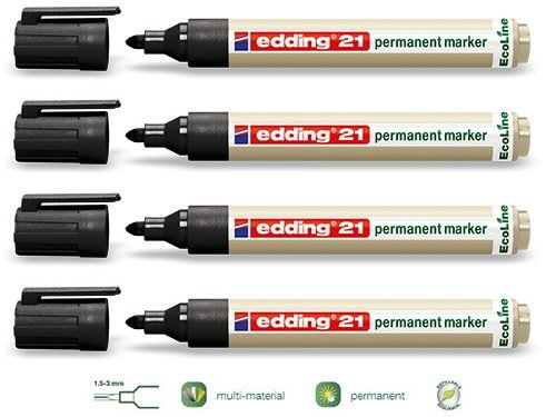 edding 21 Permanentmarker EcoLine, Rundspitze 1,5 - 3 mm, nachfüllbar (4er Vorteilspack, schwarz) von edding