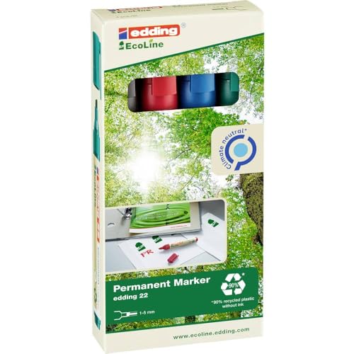edding 22 Permanentmarker Set - schwarz, rot, blau, grün - 4 Stifte - Keil-Spitze 1-5 mm - schnell trocknend, wasserfest, wischfest - für Karton, Kunststoff, Holz, Metall - Universalmarker edding 22 Permanentmarker Set - schwarz, rot, blau, grün - 4 Stifte - Keil-Spitze 1-5 mm - schnell trocknend, wasserfest, wischfest - für Karton, Kunststoff, Holz, Metall - Universalmarker von edding