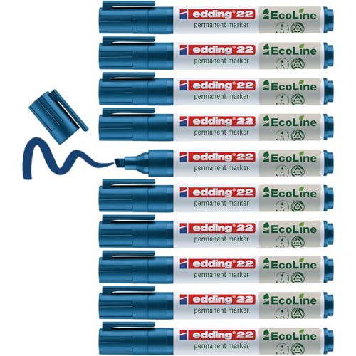 edding 22 Permanentmarker - blau - 10 Stifte - Keil-Spitze 1-5 mm - schnell trocknender Permanent Marker - wasserfest, wischfest - für Karton, Kunststoff, Holz, Metall - Universalmarker, 4-22003, 1 - 5mm von edding