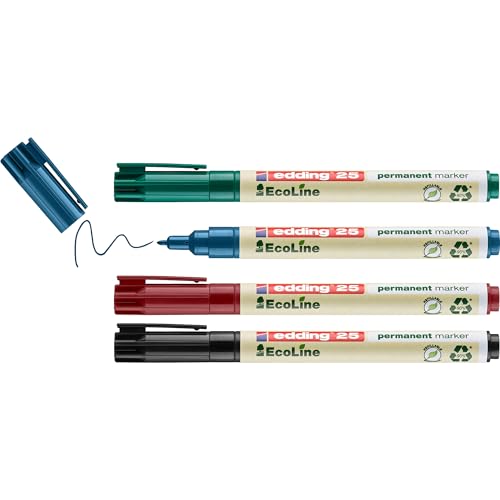 edding 25 Ecoline Permanentmarker Set - bunte Farben - 4 Stifte - Rund-Spitze 1 mm - schnell trocknender Permanent Marker - wasserfest, wischfest - Karton, Kunststoff, Holz, Metall - Universalmarker von edding