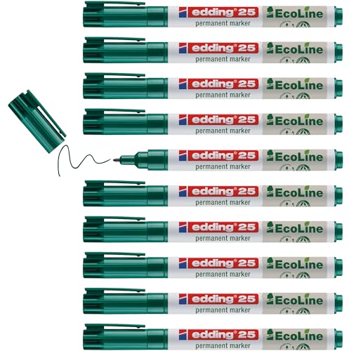 edding 25 Ecoline Permanentmarker - grün - 10 Stifte - Rund-Spitze 1 mm - schnell trocknender Permanent Marker - wasserfest, wischfest - für Karton, Kunststoff, Holz, Metall - Universalmarker von edding