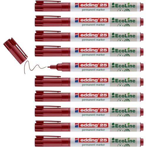 edding 25 Ecoline Permanentmarker - rot - 10 Stifte - Rund-Spitze 1 mm - schnell trocknender Permanent Marker - wasserfest, wischfest - für Karton, Kunststoff, Holz, Metall - Universalmarker von edding