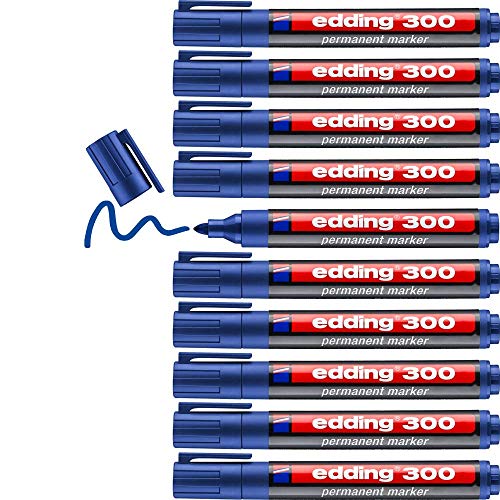 edding 300 Permanentmarker - blau - 10 Stifte - Rundspitze 1,5-3 mm - wasserfest, schnell-trocknend - wischfest - für Karton, Kunststoff, Glas, Holz, Metall, Glas von edding
