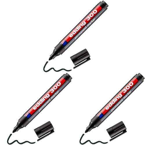 edding 300 Permanentmarker - schwarz - 1 Stift - Rundspitze 1,5-3 mm - wasserfest, schnell-trocknend - wischfest - für Karton, Kunststoff, Glas, Holz, Metall, Glas (Packung mit 3) von edding