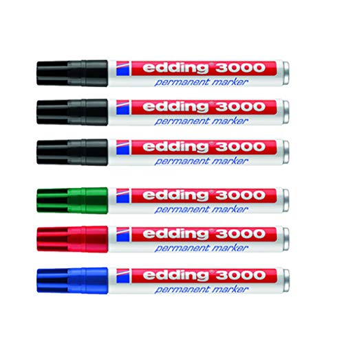 edding 3000 Permanentmarker, 1,5-3 mm, Nachfüllbar (3er-Pack Schwarz + 3 Grundfarben) von edding