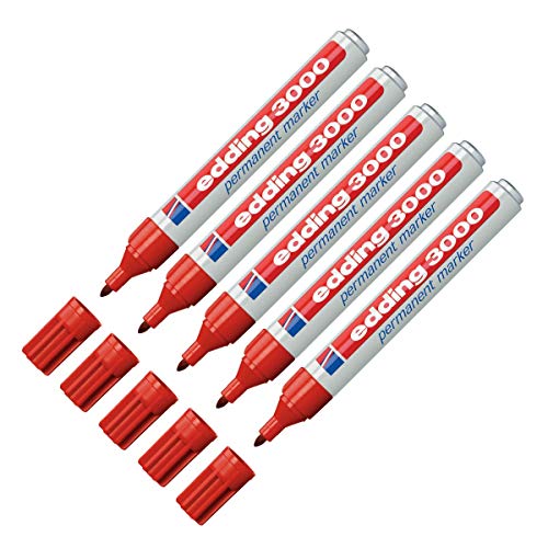 edding 3000 Permanentmarker (zur Beschriftung und Markierung von fast allen Oberflächen) - 5er Pack Rot - nachfüllbarer, wasserfester und lichtbeständiger Marker (5, Rot) von edding