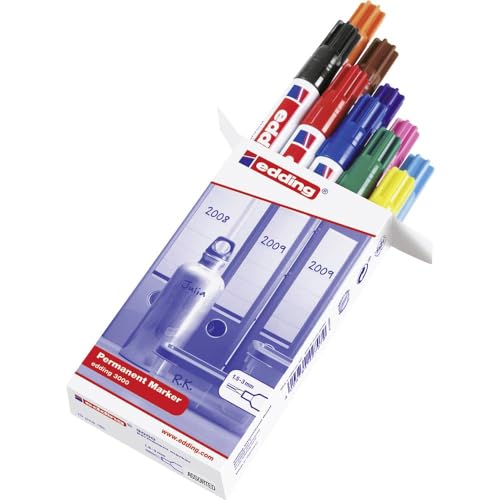 edding 3000 Permanentmarker - 10 bunte Farben (Standard) - Rund-Spitze 1,5-3 mm - schnell trocknender Permanent Marker - wasserfest, wischfest - für Karton, Kunststoff, Holz, Metall - Universalmarker von edding