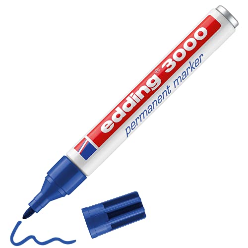 edding 3000 Permanentmarker - blau - 1 Stift - Rund-Spitze 1,5-3 mm - schnell trocknender Permanent Marker - wasserfest, wischfest - für Karton, Kunststoff, Holz, Metall - Universalmarker von edding