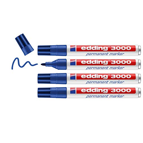 edding 3000 Permanentmarker - blau - 4 Stifte - Rund-Spitze 1,5-3 mm - schnell trocknender Permanent Marker - wasserfest, wischfest - für Karton, Kunststoff, Holz, Metall - Universalmarker von edding