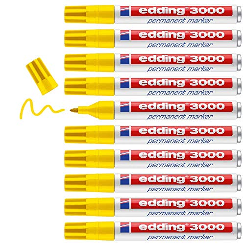 edding 3000 Permanentmarker - gelb - 10 Stifte - Rund-Spitze 1,5-3 mm - schnell trocknender Permanent Marker - wasserfest, wischfest - für Karton, Kunststoff, Holz, Metall - Universalmarker von edding