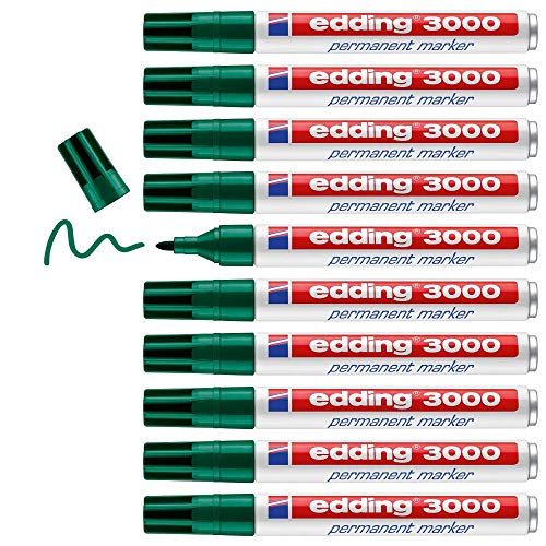 edding 3000 Permanentmarker - grün - 10 Stifte - Rund-Spitze 1,5-3 mm - schnell trocknender Permanent Marker - wasserfest, wischfest - für Karton, Kunststoff, Holz, Metall - Universalmarker edding 3000 Permanentmarker - grün - 10 Stifte - Rund-Spitze 1,5-3 mm - schnell trocknender Permanent Marker - wasserfest, wischfest - für Karton, Kunststoff, Holz, Metall - Universalmarker von edding