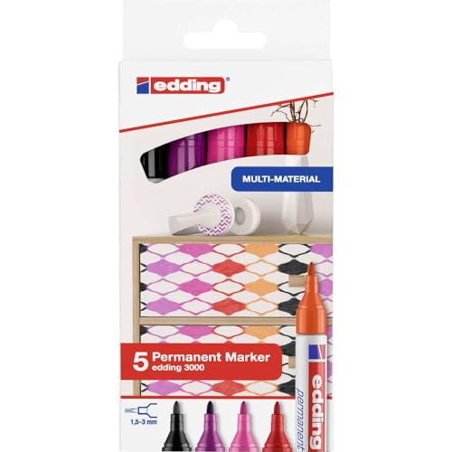 edding 3000 Permanentmarker - rot, orange, pink, lila, schwarz - 5er Set - Rund-Spitze 1,5-3 mm - schnell trocknend, wasserfest, wischfest - für Karton, Kunststoff, Holz, Metall - Universalmarker von edding