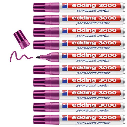 edding 3000 Permanentmarker - rotviolett (lila) - 10 Stifte - Rund-Spitze 1,5-3 mm - schnell trocknender Permanent Marker - wasserfest wischfest - für Karton Kunststoff Holz Metall - Universalmarker von edding