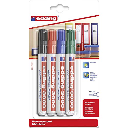 edding 3000 Permanentmarker - schwarz, rot, blau, grün - 4 Stifte - Rund-Spitze 1,5-3 mm - schnell trocknend, wasserfest, wischfest - für Karton, Kunststoff, Holz, Metall - Universalmarker edding 3000 Permanentmarker - schwarz, rot, blau, grün - 4 Stifte - Rund-Spitze 1,5-3 mm - schnell trocknend, wasserfest, wischfest - für Karton, Kunststoff, Holz, Metall - Universalmarker von edding