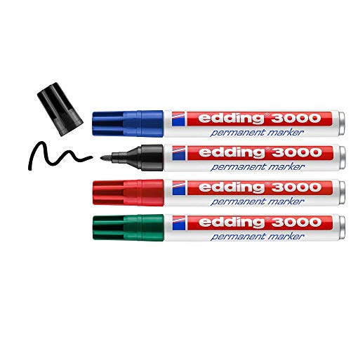 edding 3000 Permanentmarker - schwarz, rot, blau, grün - 4 Stifte - Rund-Spitze 1,5-3 mm - schnell trocknend, wasserfest, wischfest - für Karton, Kunststoff, Holz, Metall - Universalmarker edding 3000 Permanentmarker - schwarz, rot, blau, grün - 4 Stifte - Rund-Spitze 1,5-3 mm - schnell trocknend, wasserfest, wischfest - für Karton, Kunststoff, Holz, Metall - Universalmarker von edding