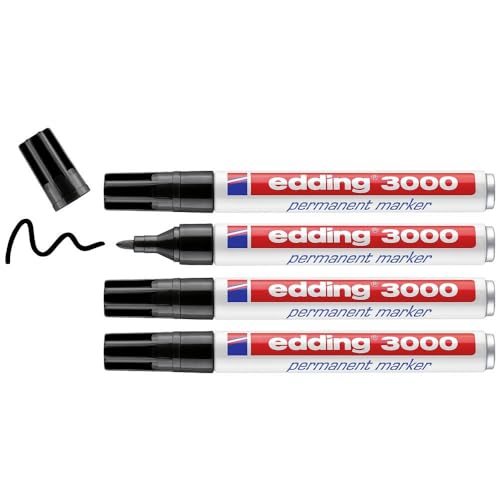 edding 3000 Permanentmarker - schwarz - 4 Stifte - Rund-Spitze 1,5-3 mm - schnell trocknender Permanent Marker - wasserfest, wischfest - für Karton, Kunststoff, Holz, Metall - Universalmarker von edding