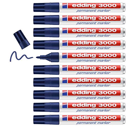 edding 3000 Permanentmarker - stahl-blau - 10 Stifte - Rund-Spitze 1,5-3 mm - schnell trocknender Permanent Marker - wasserfest, wischfest - für Karton, Kunststoff, Holz, Metall - Universalmarker von edding