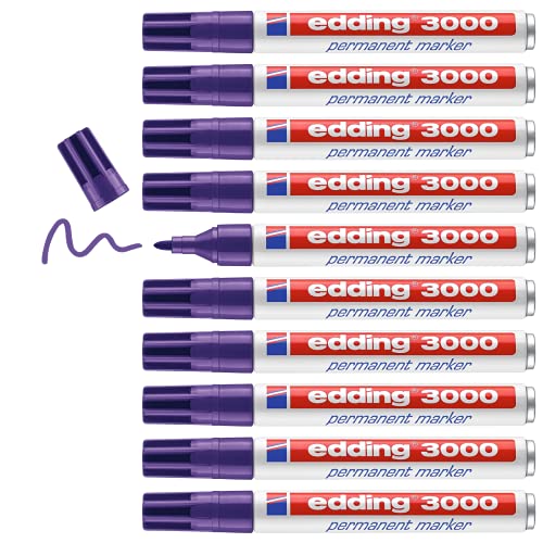 edding 3000 Permanentmarker - violett (lila) - 10 Stifte - Rund-Spitze 1,5-3 mm - schnell trocknender Permanent Marker - wasserfest, wischfest - für Karton, Kunststoff, Holz, Metall - Universalmarker von edding