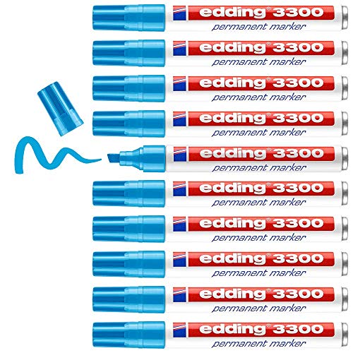 edding 3300 Permanentmarker - hell-blau - 10 Stifte - Keil-Spitze 1-5 mm - schnell trocknender Permanent Marker - wasserfest, wischfest - für Karton, Kunststoff, Holz, Metall - Universalmarker von edding