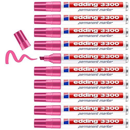 edding 3300 Permanentmarker - pink - 10 Stifte - Keil-Spitze 1-5 mm - schnell trocknender Permanent Marker - wasserfest, wischfest - für Karton, Kunststoff, Holz, Metall - Universalmarker von edding