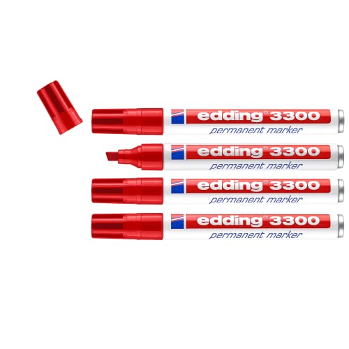 edding 3300 Permanentmarker - rot - 4 Stifte - Keil-Spitze 1-5 mm - schnell trocknender Permanent Marker - wasserfest, wischfest - für Karton, Kunststoff, Holz, Metall - Universalmarker von edding