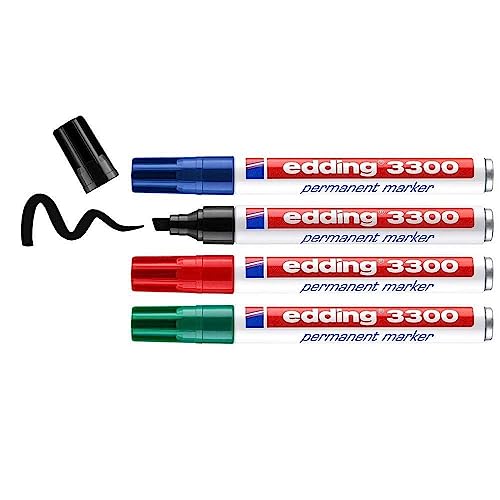 edding 3300 Permanentmarker - schwarz, rot, blau, grün - 4 Stifte - Keil-Spitze 1,5-3mm - schnell trocknender Permanent Marker - wasserfest, wischfest - für Karton, Kunststoff, Holz, Metall edding 3300 Permanentmarker - schwarz, rot, blau, grün - 4 Stifte - Keil-Spitze 1,5-3mm - schnell trocknender Permanent Marker - wasserfest, wischfest - für Karton, Kunststoff, Holz, Metall von edding