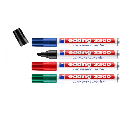 edding 3300 Permanentmarker - schwarz, rot, blau, grün - 4 Stifte - Keil-Spitze 1-5 mm - schnell trocknender Permanent Marker - wasserfest, wischfest - für Karton, Kunststoff, Holz, Metall von edding