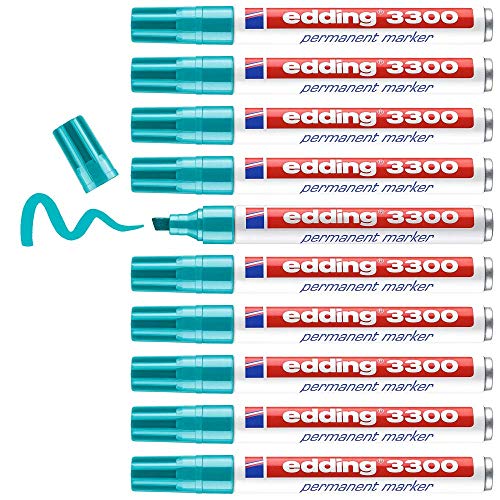 edding 3300 Permanentmarker - türkis - 10 Stifte - Keil-Spitze 1-5 mm - schnell trocknender Permanent Marker - wasserfest, wischfest - für Karton, Kunststoff, Holz, Metall - Universalmarker von edding