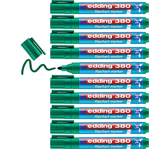 edding 380 Flipchart-Marker - grün - 10 Stifte - Rundspitze 1,5-3 mm - Stift zum Schreiben, Zeichnen und Markieren auf Flipcharts - Tinte schlägt nicht durch Papier - trocknet nicht aus - farbintensiv von edding