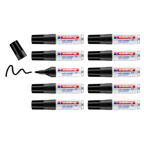 edding 0.5 mini Permanentmarker - schwarz - 10 Stifte - feine Rund-Spitze 1 mm - wasserfest, schnell-trocknend - wischfest - Mini-Marker für Karton, Kunststoff, Holz, Metall, Stein, Leinwand von edding