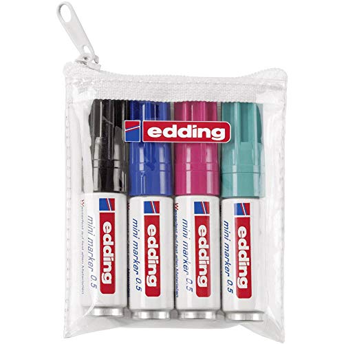 edding 0.5 mini permanent marker - schwarz, blau, türkis, rot - 4 Stifte - feine Rundspitze 1 mm - wasserfest, schnelltrocknend - wischfest - mini marker für Karton, Kunststoff, Holz, Metall von edding