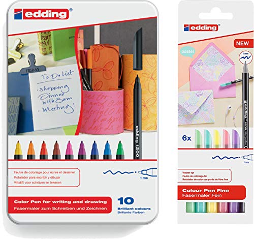 edding 4-1200-10 Fasermaler Color Pen, 10er Set, 0.5-1 mm, Sortiert + Pastell Sortierung 6er Set von edding