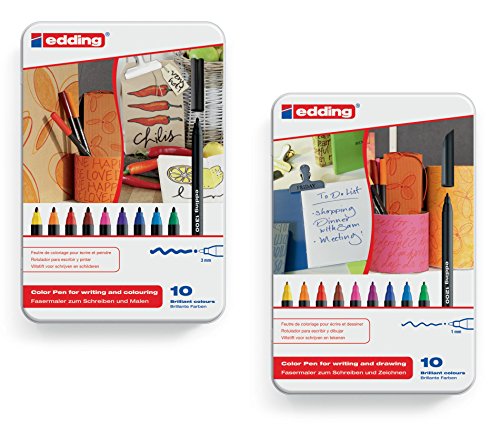 edding 4-1200-10 und 4-1300-10 Fasermaler Color Pen, 2x 10er Set, 0.5-1 mm, und 2mm Sortiert (Metalletui, 10fach 2x sortiert) von edding
