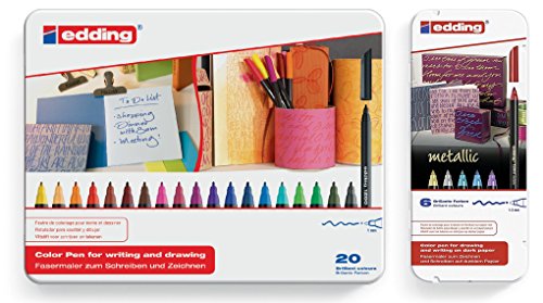 edding 4-1200-6 Fasermaler 1200 Color Pen, 1-3 mm, 6-er Set, sortiert, metallic (Fasermaler | Metalletui, 20-er Set | normal + 6er metallic) von edding