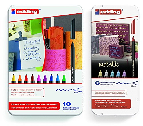 edding 4-1200-6 Fasermaler 1200 Color Pen, 1-3 mm, 6-er Set, sortiert, metallic und 10-er Set, sortiert von edding